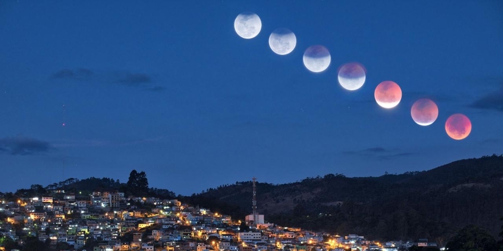 Sequencia do progresso do eclipse lunar ocorrido em 2018 visto em Nova Friburgo/RJ