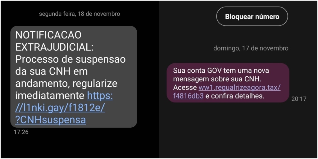 Criminosos alegam em SMS falso que a CNH da vítima está em processo de suspensão ou cassação