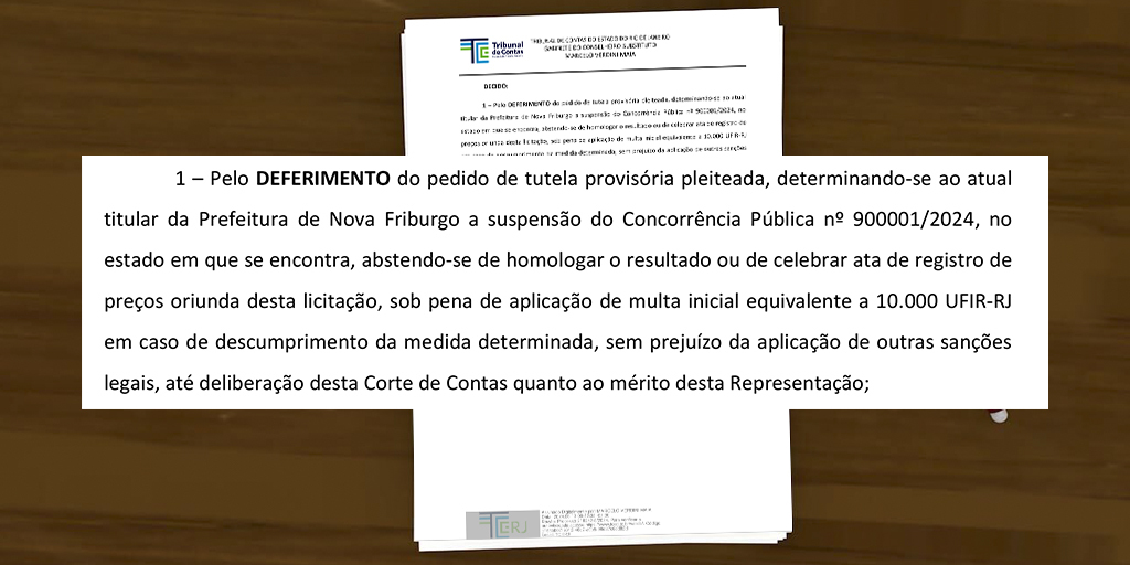 Decisão monocrática foi divulgada pelo Tribunal de Contas do Estado do Rio de Janeiro, após ocorrer a licitação