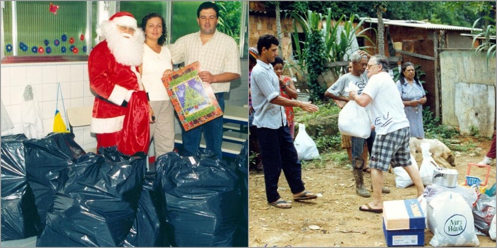 Cláudio atuando como Papai Noel e na distribuição de alimentos em comunidades carentes 