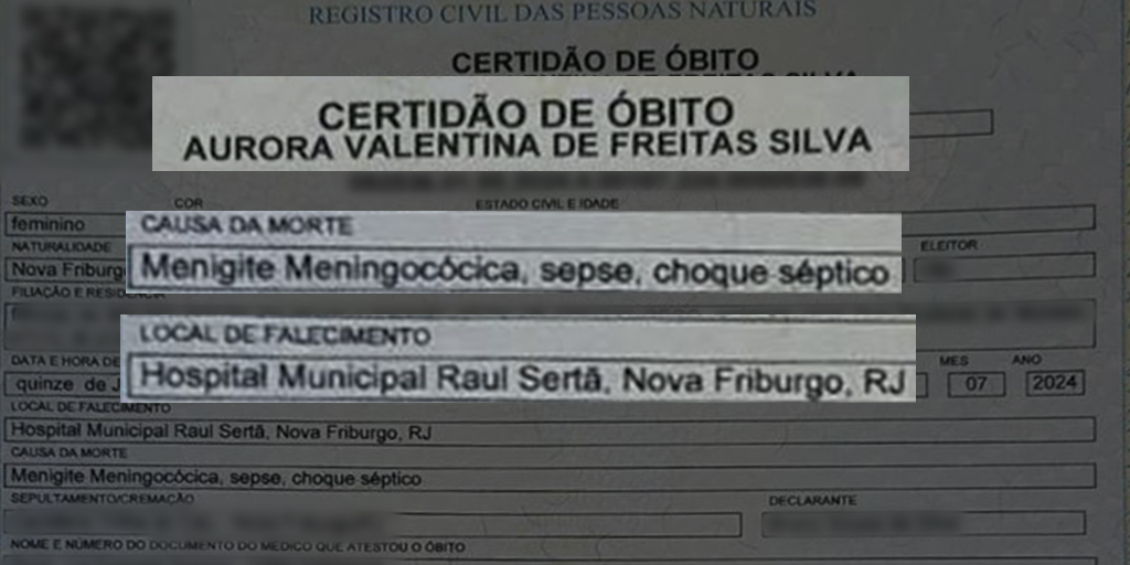 Certidão de óbito aponta "meningite meningocócica" como uma das causas do óbito 